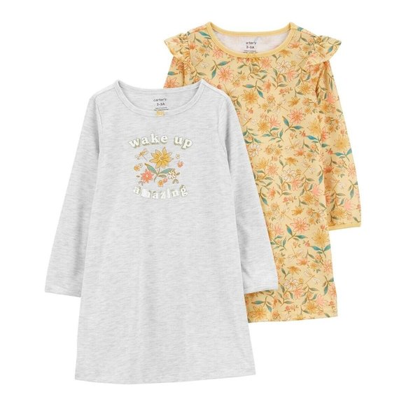 Brand new Carter's size 4/5 2-pack of gray/gold l/s nightgowns floral - Picture 1 of 1
